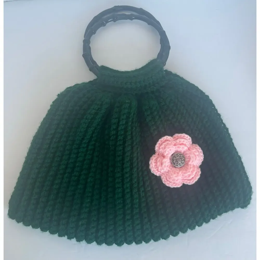 Handmade Knitted Forest Green Pink Flower‎ Wooden Handle Tote Hobo Handbag Purse